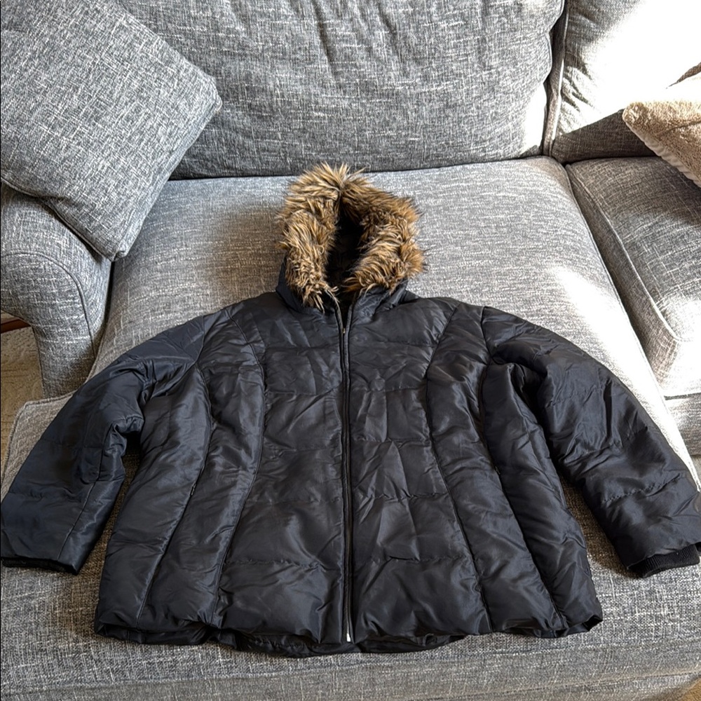 Black Puffer Jacket with Faux Fur Hood